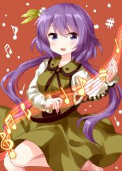 Rule 34 | 1girl, barefoot, biwa lute, blush, brown dress, dress, feet out of frame, flower, glowing, hair flower, hair ornament, highres, instrument, long hair, long sleeves, looking at viewer, low twintails, lute (instrument), music, musical note, open mouth, pinafore dress, playing instrument, purple eyes, purple hair, red background, ruu (tksymkw), shirt, simple background, sleeveless dress, smile, solo, touhou, treble clef, tsukumo benben, twintails, white shirt