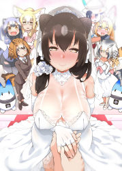 Rule 34 | 2boys, 6+girls, :3, :d, alternate costume, animal ears, bare shoulders, bear ears, bespectacled, blush, breast envy, breasts, brown bear (kemono friends), brown hair, cleavage, common raccoon (kemono friends), cup, diadem, dress, drinking glass, elbow gloves, eurasian eagle owl (kemono friends), faceless, fang, fennec (kemono friends), fingerless gloves, flower, formal, fox ears, glasses, gloves, hair between eyes, hair flower, hair ornament, hand grab, hat, hat feather, hayashi (l8poushou), highres, jewelry, kaban (kemono friends), kemono friends, large breasts, long hair, looking at viewer, lucky beast (kemono friends), multiple boys, multiple girls, northern white-faced owl (kemono friends), nose blush, open mouth, ornate ring, pov, pov hands, ring, serval (kemono friends), sleeveless, sleeveless dress, smile, suit, wedding dress, wedding ring, white dress, white flower, white gloves, wine glass, yellow eyes