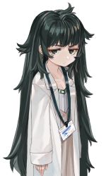Rule 34 | 1girl, arms at sides, brown eyes, closed mouth, expressionless, green hair, half-closed eyes, highres, hiyajou maho, id card, lab coat, long hair, looking at viewer, luicent, messy hair, open clothes, shirt, simple background, solo, steins;gate, straight hair, thick eyebrows, upper body, v-shaped eyebrows, very long hair, white background, white shirt