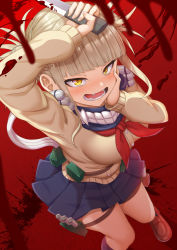 Rule 34 | 1girl, blonde hair, blood, blue skirt, blush, boku no hero academia, breasts, brown footwear, fangs, fingernails, hand on own cheek, hand on own face, highres, holding, holding knife, knife, large breasts, looking at viewer, open mouth, pleated skirt, red background, red neckwear, school uniform, serafuku, shoes, short hair, skirt, smile, solo, teeth, thighs, toga himiko, yasojima nejiro, yellow eyes
