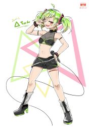 Rule 34 | 1girl, ahoge, arm strap, black skirt, blush, breasts, cable, clothing cutout, dated, delutaya, diagonal bangs, fang, green hair, highres, holding, holding microphone, indie virtual youtuber, looking at viewer, looking to the side, microphone, navel, open mouth, red eyes, skirt, small breasts, solo, standing, sui hi sf, twintails, underboob cutout, v, virtual youtuber, white background, wire