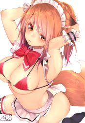 Rule 34 | 1girl, adjusting hair, animal ears, apron, armpits, arms up, bikini, black legwear, breasts, chita (ketchup), cleavage, closed mouth, commentary request, detached collar, fox, fox ears, fox girl, fox tail, highres, large breasts, looking at viewer, maid, maid headdress, medium hair, mole, mole on breast, orange hair, original, red bikini, red eyes, red neckwear, sideboob, sidelocks, simple background, sitting, solo, swimsuit, tail, underboob, wariza, white apron, white background, wrist cuffs