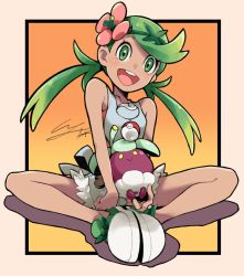 Rule 34 | 1girl, :d, apron, blush, creatures (company), dark-skinned female, dark skin, flower, flower on head, full body, game freak, green eyes, green hair, hair flower, hair ornament, io naomichi, looking at viewer, mallow (pokemon), nintendo, open mouth, overalls, poke ball, poke ball (basic), pokemon, pokemon (creature), pokemon sm, shoes, sitting, smile, teeth, trial captain, twintails, upper teeth only