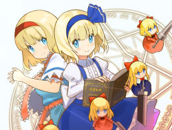 Rule 34 | 2girls, alice margatroid, alice margatroid (pc-98), ascot, blonde hair, blue dress, blue eyes, blue hairband, blue skirt, book, capelet, doll, dress, eyes visible through eyewear, eyes visible through hair, frilled ascot, frilled sash, frills, grimoire of alice, hairband, highres, lance, lolita hairband, looking at viewer, magic circle, multiple girls, polearm, puffy short sleeves, puffy sleeves, red hairband, sash, short hair, short sleeves, skirt, string, sword, touhou, weapon, white background, white capelet, zenshin
