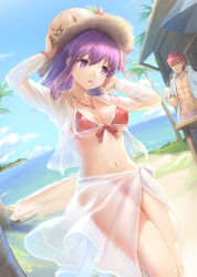 Rule 34 | 1boy, 1girl, abs, arms up, beach, bikini, breasts, brown bikini, brown eyes, covered erect nipples, cup, day, dutch angle, emiya shirou, fate/stay night, fate (series), front-tie bikini top, front-tie top, hair between eyes, hat, highres, holding, holding cup, hood, hoodie, long hair, matou sakura, medium breasts, navel, ocean, open clothes, open hoodie, outdoors, palm tree, parted lips, purple hair, red hair, sarong, sayika, see-through, sidelocks, solo focus, standing, straw hat, sun hat, swimsuit, thighs, tree, umbrella