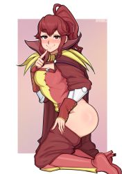 Rule 34 | 1girl, afrobull, anna (fire emblem), artist name, ass, bad id, bad pixiv id, blush, boots, breasts, clothes pull, coat, commentary, female focus, fingerless gloves, fire emblem, from side, gloves, highres, long hair, looking at viewer, matching hair/eyes, medium breasts, nintendo, no panties, pants, ponytail, red coat, red footwear, red gloves, red hair, red pants, simple background, smile, solo