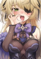 Rule 34 | 1girl, absurdres, bare shoulders, blonde hair, blush, bow, breasts, commentary request, dress, elbow gloves, eyepatch, fellatio gesture, fischl (genshin impact), genshin impact, gloves, green eyes, hair over one eye, hair ribbon, has bad revision, has downscaled revision, highres, huge filesize, long hair, looking at viewer, md5 mismatch, medium breasts, open mouth, oral invitation, resolution mismatch, revision, ribbon, saliva, solo, source smaller, tongue, tongue out, torriet, tsurime, two side up