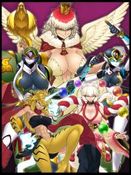 Rule 34 | 5girls, abs, android, animal ears, aqua eyes, blonde hair, blue eyes, breasts, claws, cleavage, collage, collar, commentary request, covered erect nipples, crown, dark skin, dark-skinned female, energy sword, feathered wings, fighting stance, floating, floating object, fox ears, glowing, glowing hands, hip vent, huge breasts, japanese clothes, jewelry, large breasts, long hair, monster girl, multicolored hair, multiple girls, no pupils, orb, purple eyes, red hair, reverse grip, ring, rope, shimenawa, short hair, smile, spacezin, staff, strapless, sword, talons, tokyo tenma, tokyo tenma: devil slave, tube top, two-tone hair, weapon, white hair, wings, yellow eyes