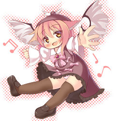 Rule 34 | 1girl, animal ears, bad id, bad pixiv id, bird wings, bow, brooch, brown dress, brown thighhighs, dragoner, dress, fang, hat, jewelry, juliet sleeves, long sleeves, lowres, musical note, mystia lorelei, open mouth, outstretched arms, panties, pantyshot, pink hair, puffy sleeves, shirt, smile, solo, standing, striped clothes, striped panties, thighhighs, touhou, underwear, upskirt, wings, yellow eyes