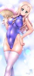 Rule 34 | 1girl, blonde hair, blue leotard, blush, breasts, covered navel, drill hair, girls und panzer, green eyes, hand fan, highleg, highleg leotard, kamogawa tanuki, large breasts, leotard, long hair, looking at viewer, marie (girls und panzer), shiny clothes, shiny skin, skindentation, smile, solo, standing, thighhighs, white thighhighs