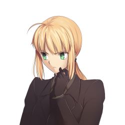 Rule 34 | 1girl, ahoge, artoria pendragon (all), artoria pendragon (fate), black gloves, blonde hair, fate/zero, fate (series), female focus, formal, gloves, green eyes, highres, long hair, necktie, pant suit, pants, ponytail, saber (fate), sidelocks, simple background, solo, suit, tusia, upper body, white background