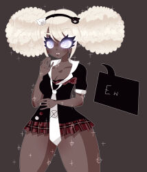 Rule 34 | 1girl, afro, afro puffs, artist name, bear hair ornament, black frills, black hairband, black headwear, black shirt, blonde hair, blue eyes, blush, bow, bra, breasts, cleavage, collarbone, colored skin, danganronpa (series), danganronpa another episode: ultra despair girls, dark-skinned female, dark skin, english text, female focus, frilled bra, frills, frown, glowing, glowing eyes, hair ornament, hairband, hand up, highres, long hair, looking at viewer, medium breasts, multicolored skin, necktie, open mouth, plaid, plaid skirt, pleated skirt, red bow, red bra, red skirt, second-party source, second generation enoshima junko, shirt, short sleeves, signature, skirt, solo, speech bubble, standing, teeth, twintails, underwear, white necktie, yuicure