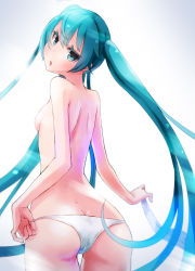 Rule 34 | 1girl, adjusting clothes, adjusting panties, aqua eyes, aqua hair, ass, butt crack, colored eyelashes, from behind, gradient background, hatsune miku, katsuwo, long hair, looking back, panties, panties only, solo, topless, twintails, underwear, underwear only, very long hair, vocaloid