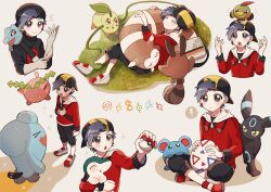 Rule 34 | !, 1boy, :o, alternate color, backwards hat, baseball cap, black hair, black hat, black shirt, blush, chikorita, closed mouth, commentary request, creatures (company), cyndaquil, egg, ethan (pokemon), furret, game freak, gen 2 pokemon, gloves, grey eyes, hat, highres, holding, holding poke ball, holding strap, hoppip, hug, jacket, long sleeves, lying, male focus, marill, mikakami1e, natu, nintendo, on grass, on head, on shoulder, open mouth, poke ball, poke ball (basic), pokemon, pokemon (creature), pokemon hgss, pokemon on head, pokemon on shoulder, red footwear, red jacket, sentret, shiny pokemon, shirt, shoes, short hair, smile, spoken exclamation mark, sweatdrop, team rocket, team rocket uniform, totodile, umbreon, unown, unown b, unown h, unown i, unown k, white gloves, wobbuffet