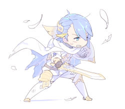 Rule 34 | 1boy, absurdres, alfonse (fire emblem), armor, belt, blue eyes, blue hair, boots, breastplate, cape, chibi, enkyo yuuichirou, fighting stance, fire emblem, fire emblem heroes, full body, hair ornament, highres, holding, holding sword, holding weapon, male focus, armored boots, nintendo, pants, scale armor, shield, simple background, solo, standing, sword, torn cape, torn clothes, weapon, white background, white cape, white footwear