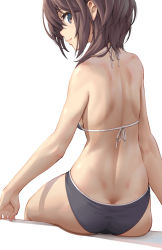 1girl, alice gear aegis, ass, bikini, blue bikini, breasts, brown eyes, brown hair, butt crack, commentary request, kurogane yuuto, looking at viewer, looking back, pinakes, short hair, sideboob, simple background, sitting, smile, solo, swimsuit, white background