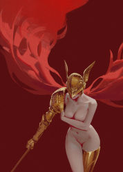 Rule 34 | 1girl, absurdres, breasts, closed mouth, completely nude, covering breasts, covering privates, elden ring, facing viewer, floating hair, ga is, helmet, highres, holding, holding sword, holding weapon, large breasts, long hair, malenia blade of miquella, malenia goddess of rot, navel, nude, prosthesis, prosthetic arm, prosthetic leg, red background, red hair, simple background, solo, sword, very long hair, weapon, winged helmet