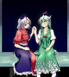 Rule 34 | 2girls, blue hat, blush, breasts, cleavage, commentary request, cover, cover page, cross, graphite (medium), hat, holding hands, interlocked fingers, kamishirasawa keine, matsu 84, multiple girls, red cross, sitting, smile, touhou, traditional media, yagokoro eirin, yuri