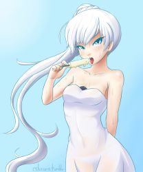 Rule 34 | 1girl, cslucaris, dress, food, ice cream, looking at viewer, panties, rwby, sexually suggestive, solo, sweat, tongue, tongue out, translucent, underwear, weiss schnee