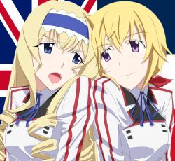 Rule 34 | 2girls, annoyed, blonde hair, blue eyes, bow, breasts, cecilia alcott, charlotte dunois, drill hair, france, french flag, hair bow, highres, infinite stratos, large breasts, long hair, low ponytail, multiple girls, open mouth, purple eyes, school uniform, smile, union jack