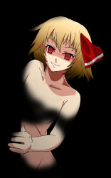 Rule 34 | 1girl, blonde hair, censored, female focus, m-eiji, novelty censor, nude, red eyes, ribbon, rumia, simple background, smile, solo, touhou