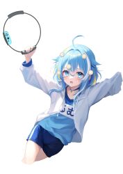 Rule 34 | 1girl, absurdres, ahoge, blue eyes, blue hair, blue nails, blue shirt, blue shorts, character request, collarbone, highres, indie virtual youtuber, long sleeves, looking at viewer, manimarough, medium hair, ring fit adventure, shirt, shorts, solo, sweat, transparent background, virtual youtuber