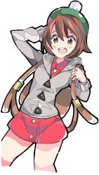 Rule 34 | 1girl, backpack, bag, brown hair, coat, creatures (company), enpe, eyebrows, game freak, gloria (pokemon), green hat, hair between eyes, hat, highres, nintendo, open mouth, pokemon, pokemon swsh, red shirt, shirt, short hair, simple background, smile, solo, swept bangs, tagme, teeth, tongue, white background