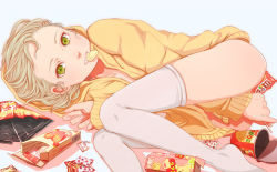 Rule 34 | 10s, 1girl, bad id, bad pixiv id, bag, between legs, blonde hair, bottomless, box, candy, chips (food), dress, fetal position, flat chest, food, food in mouth, green eyes, hand between legs, holding, hood, hoodie, huang baoling, legs, looking at viewer, lying, m&amp;m&#039;s, messy room, mouth hold, naked hoodie, neshichi, on side, open clothes, open hoodie, pocky, potato chips, shadow, short hair, silver hair, simple background, solo, thighhighs, tiger &amp; bunny, unzipped, white background, white thighhighs, wrapper