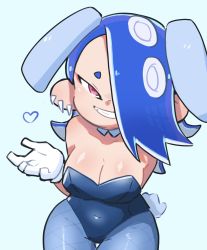 Rule 34 | 1girl, alternate costume, blue background, blue hair, breasts, cleavage, covered navel, detached collar, earrings, fishnet pantyhose, fishnets, gloves, grin, hair over one eye, highres, jewelry, large breasts, leotard, nintendo, octoling player character, pantyhose, playboy bunny, pointy ears, rabbit ears, red eyes, shiver (splatoon), smile, solo, splatoon (series), splatoon 3, tentacle hair, thigh gap, whichdoll, white gloves