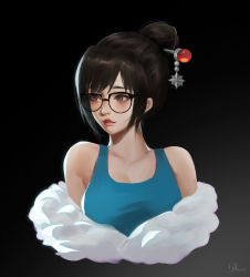 Rule 34 | 1girl, bare shoulders, black background, blue shirt, blush, breasts, brown hair, closed mouth, collarbone, fur trim, glasses, green eyes, hair bun, hair ornament, highres, large breasts, looking to the side, medium hair, mei (overwatch), overwatch, overwatch 1, red lips, shirt, simple background, single hair bun, sleeveless, sleeveless shirt, solo, straight hair, upper body, yiqing (yohare)