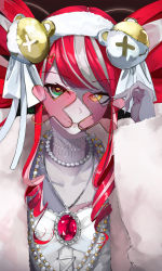 Rule 34 | 1girl, absurdres, adjusting eyewear, candy, character hair ornament, colored skin, food, gem, green eyes, grey hair, grey skin, hair ornament, hairband, heterochromia, highres, hololive, hololive indonesia, jewelry, kureiji ollie, kureiji ollie (mafia princess), lollipop, long sleeves, looking at viewer, mouth hold, moyomo, multicolored hair, necklace, patchwork skin, pearl necklace, red gemstone, red hair, sidelocks, solo, stitched face, stitched torso, stitches, sunglasses, twintails, two-tone hair, udin (kureiji ollie), upper body, virtual youtuber, white hairband, x-shaped eyewear, yellow eyes
