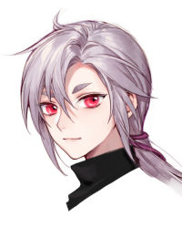 Rule 34 | 1boy, androgynous, black sweater, closed mouth, hair between eyes, kangetsu (fhalei), light smile, looking at viewer, male focus, original, ponytail, portrait, red eyes, silver hair, simple background, solo, sweater, white background