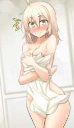 Rule 34 | 1girl, ^^^, ahoge, blonde hair, blush, breasts, cleavage, covering privates, fate/grand order, fate (series), hip focus, jeanne d&#039;arc (fate), jeanne d&#039;arc (ruler) (fate), koha-ace, long hair, looking at viewer, momio, naked towel, nude cover, okita souji (fate), okita souji (koha-ace), solo, surprised, thighs, towel, yellow eyes