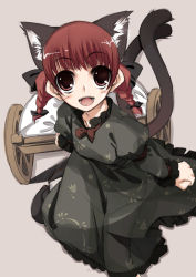 Rule 34 | 1girl, amanooni touri, animal ears, bad id, bad pixiv id, braid, cart, cat ears, cat girl, cat tail, dress, female focus, kaenbyou rin, red eyes, red hair, solo, tail, touhou