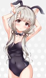 Rule 34 | 1girl, absurdres, animal ears, armpits, arms up, bare shoulders, black ribbon, blush, bow, bowtie, breasts, brown eyes, covered navel, detached collar, fake animal ears, grey hair, hair ribbon, highres, hisakawa nagi, idolmaster, idolmaster cinderella girls, leotard, long hair, looking at viewer, low twintails, naruse nagi, playboy bunny, rabbit ears, rabbit pose, ribbon, simple background, solo, strapless, strapless leotard, twintails, wrist cuffs