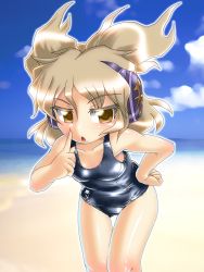 Rule 34 | 1girl, bare arms, bare shoulders, beach, bent over, blue one-piece swimsuit, blue sky, blurry, blurry background, blush, breasts, brown eyes, brown hair, chestnut mouth, cloud, collarbone, colored eyelashes, commentary request, contrapposto, cowboy shot, day, earmuffs, finger to cheek, hair between eyes, hand on own hip, jitome, leaning forward, light brown hair, looking at viewer, ocean, one-piece swimsuit, open mouth, outdoors, school swimsuit, shiny clothes, shiny skin, short hair, sky, small breasts, solo, standing, swimsuit, thigh gap, touhou, toyosatomimi no miko, winn