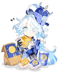 +_+ 1girl :3 ahoge artist_name asymmetrical_gloves bag black_gloves blue_bow blue_eyes blue_hair blue_hat blue_jacket bow burger closed_mouth commentary_request cropped_torso cup cyenmi3 disposable_cup drinking_straw food food_wrapper furina_(genshin_impact) genshin_impact gloves hair_intakes hat hat_bow heterochromia highres holding holding_burger holding_food jacket light_blue_hair long_hair long_sleeves looking_at_viewer mismatched_gloves multicolored_hair musical_note paper_bag simple_background solo top_hat tsukimi_burger two-tone_hair white_background white_gloves white_hair