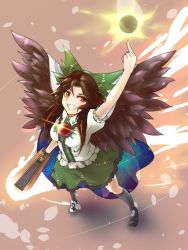 Rule 34 | 1girl, arm cannon, arm up, asymmetrical footwear, bow, brown hair, cape, energy ball, female focus, grin, hair bow, highres, long hair, mismatched footwear, pointing, pointing up, radiation symbol, red eyes, reiuji utsuho, sanagi (diohazard), shirt, short sleeves, skirt, smile, solo, space, third eye, touhou, weapon, wings