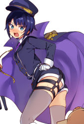 Rule 34 | 1girl, ass, blue eyes, blue hair, blue hat, blush, breasts, cape, collared shirt, embarrassed, from behind, gloves, grey thighhighs, hat, jahy-sama wa kujikenai!, konbu wakame, long sleeves, looking at viewer, necktie, open mouth, purple cape, purple necktie, rectangular mouth, saurva, shirt, short hair, small breasts, solo, tearing up, thighhighs, tomboy, white gloves, white shirt