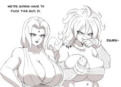 absurdres android_21 bandeau bare_shoulders bracelet breasts cleavage covered_erect_nipples darwaarts detached_sleeves dragon_ball dragon_ball_fighterz drooling earrings facial_mark forehead_mark highres huge_breasts jewelry long_hair majin_android_21 monochrome nail_polish naruto_(series) navel pointy_ears sideboob skindentation tsunade_(naruto) underboob upper_body