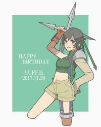 Rule 34 | 1girl, 2017, black hair, breasts, brown eyes, brown gloves, character name, crop top, cropped legs, final fantasy, final fantasy vii, fingerless gloves, fishnet thighhighs, fishnets, gloves, hand on own hip, happy birthday, headband, highres, holding, holding weapon, looking at viewer, medium breasts, open fly, short hair, shorts, shuriken, single thighhigh, smile, solo, thighhighs, toufu (toufu 53), turtleneck, weapon, yuffie kisaragi