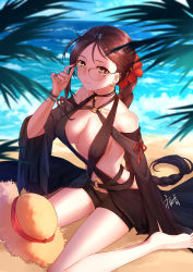 Rule 34 | 1girl, bare shoulders, beach, black one-piece swimsuit, black shorts, blush, braid, breasts, brown hair, center opening, cleavage, closed mouth, collarbone, detached sleeves, ear piercing, earrings, fate/grand order, fate (series), feet, glasses, gogatsu fukuin, hair ornament, hair scrunchie, heroic spirit chaldea park outfit, highres, jewelry, large breasts, long hair, long sleeves, looking at viewer, low-tied long hair, multiple earrings, o-ring, one-piece swimsuit, piercing, scrunchie, shorts, single braid, sitting, smile, solo, swimsuit, thighs, very long hair, wariza, yu mei-ren (fate), yu mei-ren (festival outfit) (fate)