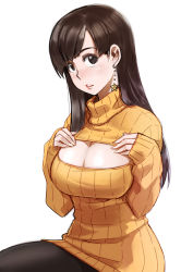 Rule 34 | 1girl, black eyes, black pantyhose, blush, breasts, brown hair, cleavage, cleavage cutout, clothing cutout, earrings, fuwari, highres, jewelry, large breasts, long hair, long sleeves, looking at viewer, meme attire, open-chest sweater, orange shirt, pantyhose, parted lips, ren&#039;ai shimasen ka?, ribbed sweater, shirt, simple background, single earring, sleeves past wrists, solo, star (symbol), star earrings, sweater, tachibana roku, turtleneck, white background
