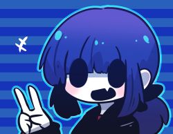 Rule 34 | +++, 1girl, :d, black hoodie, blue background, commentary request, fang, ghost, hand up, highres, hollow eyes, hood, hood down, hoodie, long hair, long sleeves, looking at viewer, low ponytail, open mouth, original, pale skin, ponytail, purple eyes, sidelocks, sleeves past wrists, smile, solo, striped, striped background, uni souchou, upper body, v