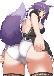 Rule 34 | 1girl, absurdres, alternate costume, animal ear fluff, animal ears, ass, ass focus, back, backless dress, backless outfit, black dress, black thighhighs, blush, breasts, brown eyes, cameltoe, commentary, cowboy shot, dress, dress tug, embarrassed, enmaided, from behind, from below, furrowed brow, highres, inconvenient tail, lace, lace-trimmed panties, lace trim, large breasts, looking at viewer, looking back, maid, makoto (princess connect!), mazenda (3378), medium hair, open mouth, panties, princess connect!, purple hair, scowl, short dress, short sleeves, sideboob, simple background, solo, tail, thighhighs, thighs, underwear, white background, white panties, wolf ears, wolf girl, wolf tail