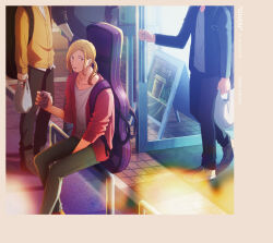 Rule 34 | blonde hair, cafe, can, cardigan, carrying bag, given, green pants, guitar case, head out of frame, highres, instrument case, lerche (studio), looking at viewer, male focus, nakayama haruki, official art, oosawa mina, opening door, pants, ponytail, red cardigan, shirt, sitting, solo focus, white shirt