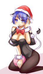 Rule 34 | 1girl, aisa (micuma), animal ears, bare shoulders, between legs, blob, blue eyes, blue hair, bow, breasts, cleavage, detached collar, doremy sweet, hat, highres, kneeling, leotard, matching hair/eyes, nightcap, nontraditional playboy bunny, open mouth, pantyhose, parted lips, playboy bunny, pom pom (clothes), rabbit ears, short hair, smile, solo, tail, tapir ears, tapir tail, touhou, wrist cuffs