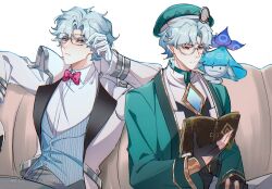 Rule 34 | 2boys, adjusting eyewear, akademiya uniform, aranara (genshin impact), ararycan (genshin impact), artist name, badge, beret, black gloves, blue hair, blue vest, book, bow, bowtie, buttons, chinese commentary, closed mouth, coat, collared shirt, commentary request, couch, dottore (genshin impact), dual persona, earrings, frown, genshin impact, glasses, gloves, gold trim, green coat, green hat, grey pants, hand up, hat, highres, holding, holding book, jacket, jewelry, lapels, lofter username, long sleeves, looking down, male focus, mojiuxuan, multiple boys, on couch, open book, open clothes, open coat, open jacket, pants, parted bangs, partially fingerless gloves, pink bow, pink bowtie, pinstripe pattern, pinstripe vest, reading, red eyes, shirt, short hair, simple background, single earring, sitting, striped clothes, striped vest, v-shaped eyebrows, vertical-striped clothes, vertical-striped vest, vest, watermark, white background, white gloves, white jacket, white shirt, wide sleeves, wing collar