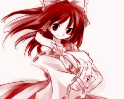 Rule 34 | 1girl, bad id, bad pixiv id, between fingers, binega~a, bow, detached sleeves, female focus, hair bow, hair tubes, hakurei reimu, holding, japanese clothes, long hair, lowres, miko, monochrome, ofuda, red theme, ribbon, smile, solo, touhou, vinegar, x arms