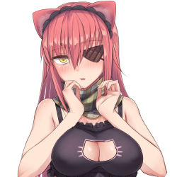 Rule 34 | 1girl, animal ears, bad id, bad nicoseiga id, bare arms, bare shoulders, black bra, bra, breasts, breasts squeezed together, cat cutout, cat ears, cat lingerie, cleavage, cleavage cutout, clothing cutout, colored stripes, cz2128 delta, eyebrows, frilled bra, frills, green scarf, hair between eyes, hairband, head tilt, large breasts, long hair, looking at viewer, meme attire, overlord (maruyama), red hair, scarf, solo, striped clothes, striped scarf, tsurime, underwear, upper body, vertical stripes, voeh!, yellow eyes